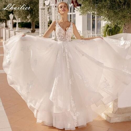 Lhuilier Womens A Line V Neck Illusion Lace Wedding Dresses Floor Length Sleeveless Backless Sweep Train Tulle Bridal Gowns
