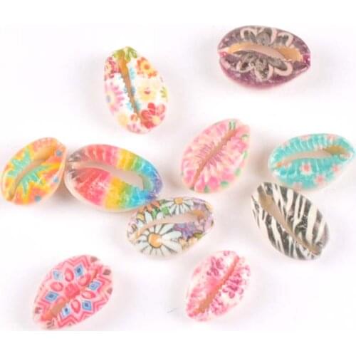 10pcs Loose Colorful printing flower Natural Shell Beads for jewelry making DIY TRS0328