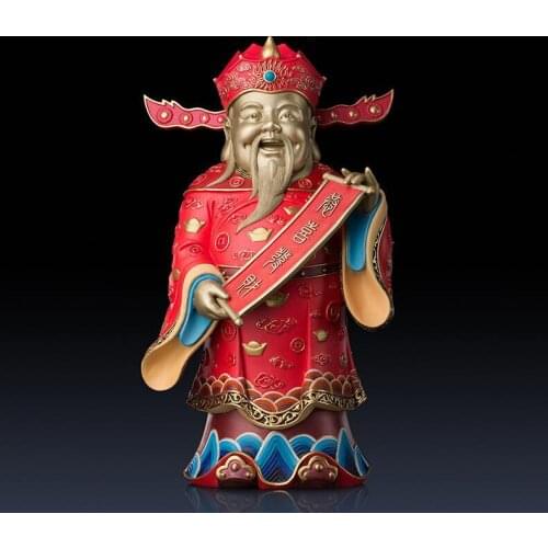 17.3 inches Chinese Art Deco Pure Brass painted Red god of wealth fortune sculpture Decoration Home Furnishings Gift Statue