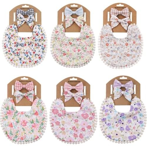 3Pcs/Set Floral Print Baby Headband Bibs Set Elastic Headbands For Girls Bandana Burp Cloth Double-sided Saliva Towel Baby Stuff