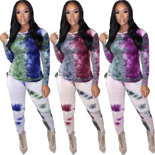 7DN8546 Autumn Winter Women Casual Fashion Tie Dye Print Sports Two Piece Set Top and Pants Tracksuit Sweatsuit Outfits Hot 2020