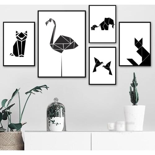 Abstract Black White Geometric Cat Dog Elephant Posters And Prints Nordic Canvas Painting Wall Art Pictures Kids Room Decor