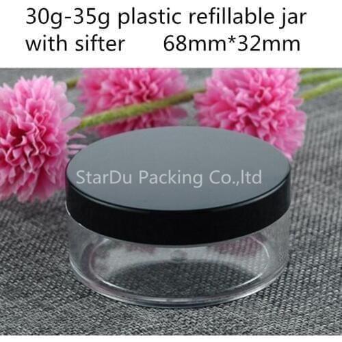 Free Shipping 10pcs/lot 30-35g empty loose powder Jar with sifter 68mm*32mm (about) , Cosmetic Bottle With Black Lids