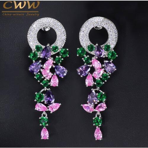 CWWZircons Fashion Laides Costume Jewelry Silver Color Beautiful Long Dangle Drop Multicolored CZ Earrings for Women CZ096