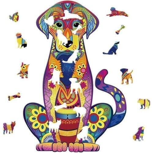 New DIY Wooden Puzzle Labrador Lion Wolf Bald Eagel Animal Assembling Irregular Colourful Desk Home Decoration Handmade for Kids