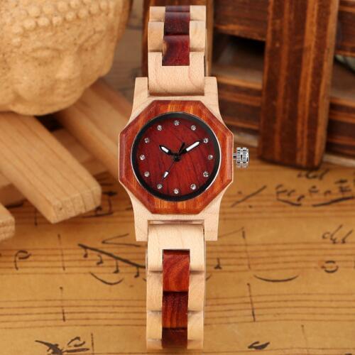 Elegant Rhinestones Octagon Shape Watch Wood Watch Women Clock Full Wooden Chic Bangle Dress Watch Top Luxury Relogio Feminino