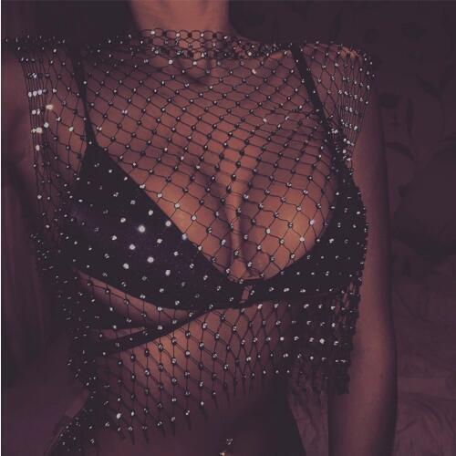 Festival Queen Sexy Diamonds Mesh Cropped Women Summer Cover Up Bikini See Through Rhinestone Net Party Club Crop Top