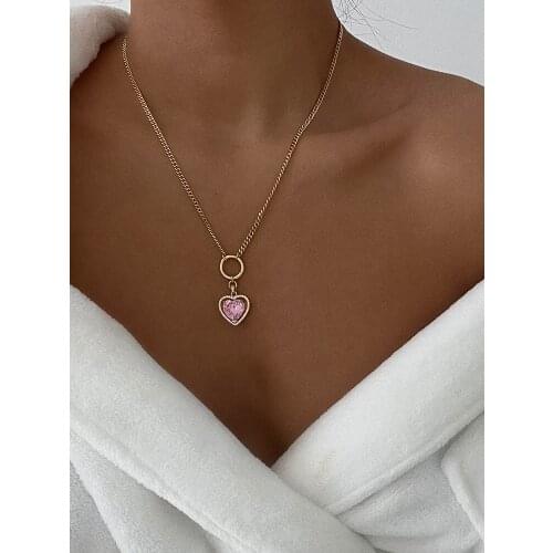 Colorful Crystal Heart Necklace Brass With 18K Gold Women Jewelry Runway Gown Hiphop Boho Rare Glam Japan Korean Fashion