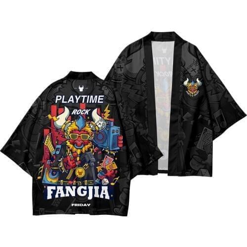 Fashion Black Print Cardigan Harajuku Haori Three Quarter Sleeve Streetwear Men Japanese Kimono Samurai Vintage Yukata