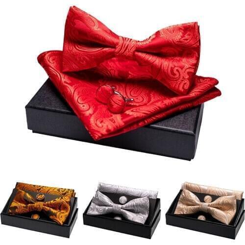 KAMBERFT Paisley Floral Mens Bow Tie 100%Silk Woven Butterfly BowTie Pocket Square Handkerchief Hanky Cufflinks Suit Set