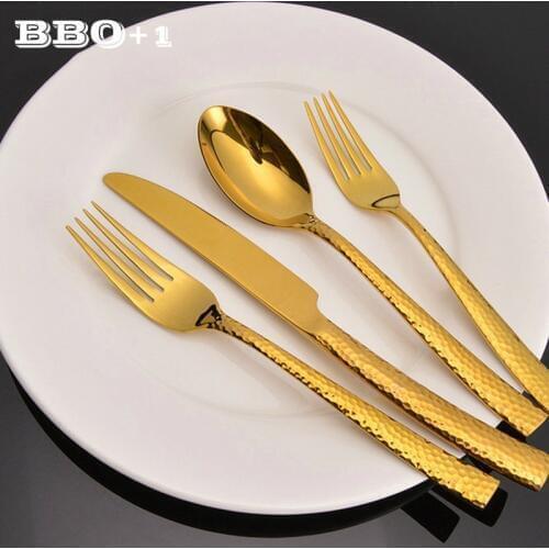 4pcs/set Hammered Dots Golden Dinnerware set Western Stainless Steel Gold Cutlery Fork Knife Spoon Set Wedding Party Tableware