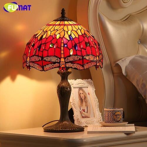FUMAT Tiffany Pastoral Bed Room Bedside Table Lamp Living Room Luxury Vintage Classic Creative Dimmer Stained Glass Table Lamps