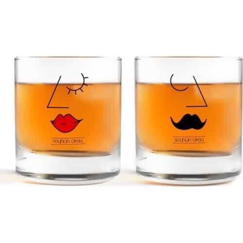 Personalized Colorful Printed Picasso Female and Male Figure Dual Whisky Bardağı-1 Gift Special Design Handmade Goblet Name