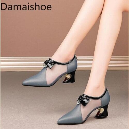 Mesh Shoes Women Chunky Heel Hollow-out Closed Toe Sandals Womens 2021 New Bow Kitten Heel Spring Womens Genuine Leather Shoes