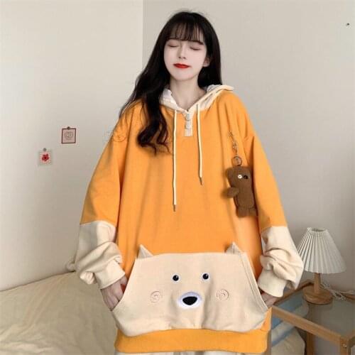Deeptown Japan Kawaii Bear Hoodie Women Patchwork Oversized Autumn 2021 Fashion Long Sleeve Sweatshirt Yellow Cute Tops Casual