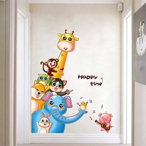 Funny Cartoon Wall Stickers For Kids Room Giraffe Lion Fox Elephant Animal Home Decals Nursery Kindergarten Baby Room Home Decor