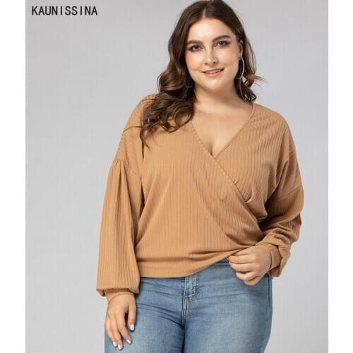 Woman Plus Size T-Shirts Pullover V-neck Loose Womens Casual Long Sleeve T-shirt Spring Autumn Oversize 4XL t shirts Streetwear