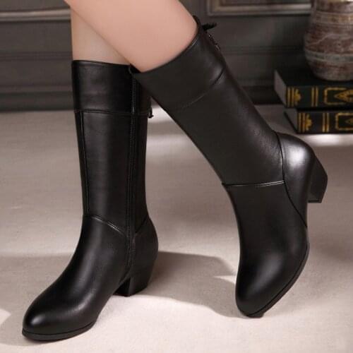 Fashion Leather Long Boots Black Pure Color Square High Heels Round Toe Zipper Boots Vintage Women boots zapatos de mujer #40