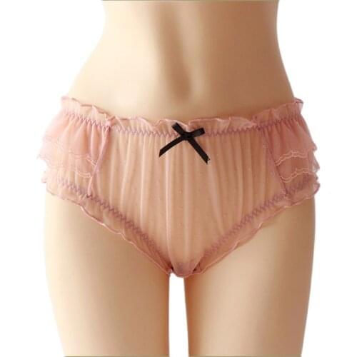 Women Lace Panties Large Sizes Sexy Cute Bow Ruffle Thin Transparent Quickdrying Mesh lady Underwear Female Panties 2021 New