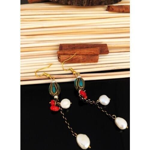 Dr Stone Natural Stone handmade pearl and coral Stone nepal womens Earrings 439799502