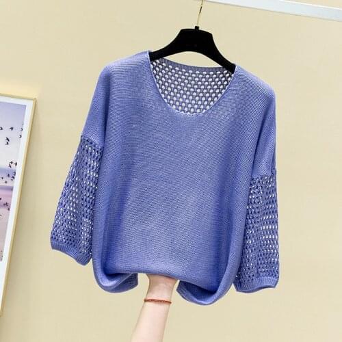 2021 spring new round neck sweater thin cut-out t-shirt female bat medium sleeve loose summer jacket fashion