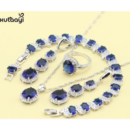 XUTAAYI Sterling Silver colorOverlay Jewelry Sets Blue Cubic Zirconia Clean Necklace/Rings/Earrings/Bracelet For women Free Gift