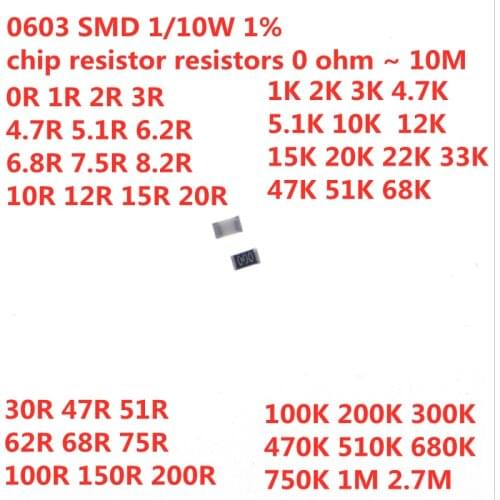 100pcs 0603 SMD 1/10W Chip Resistor 0Ohm ~ 10M 0R 1K 2.2K 3K 4.7K 8.2K 10K 100K 1 10 100 220 330R 1R 10R 100R 220R 470R 1.5M