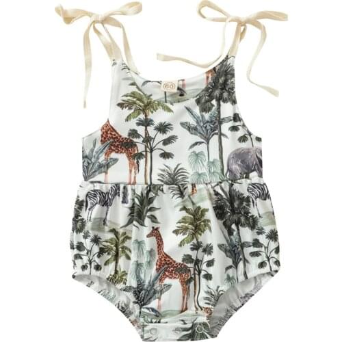 2021 0-24M Infant Baby Boy Girl Romper Animal Trees Print Sleeveless Bandage O Neck Jumpsuit Playsuit Summer Cotton Outfit