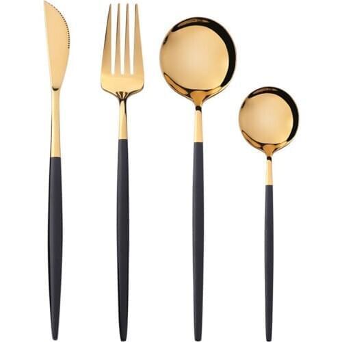 4pcs Black Tableware Cutlery-Set Knife Tea Dessert-Spoon Dinner-Fork Gold Stainless-Steel Utensils Kitchen Household Dinner war