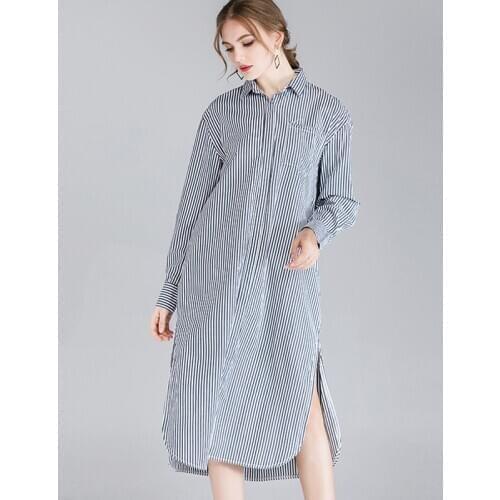 Large size womens Spring new loose show thin fashion skirts plus size pure cotton casual striped shirt long sleeve turn down