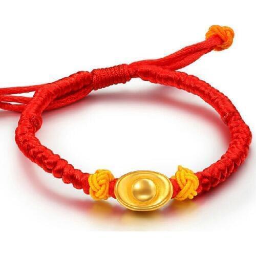 Pure 999 24K Yellow gold Yuan Bao Red string Bracelet Bring Good Lucky 0.5g