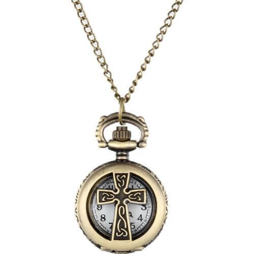 New Vintage Bronze Crucifix Cross Hollow Quartz Pocket Watch Necklace Pendant Women Mens Gifts LXH