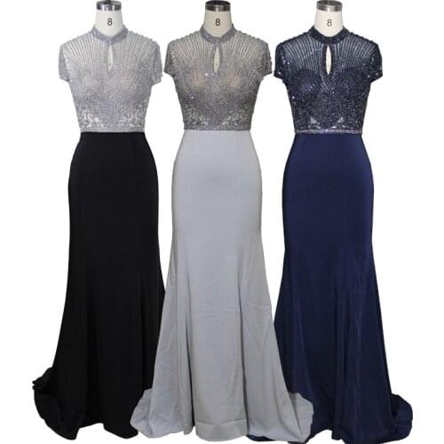 2021 Nail Bead Elastic Satin Slim Style Multi color Short Sleeve Round Neck Long Evening Dress Back Blue Grey Silver