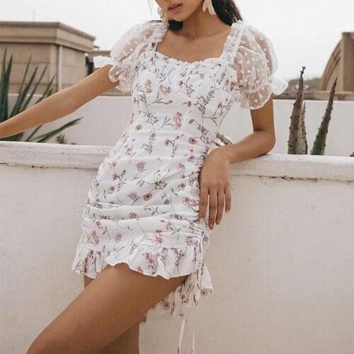 Foridol Flower Print Polka Dot White Boho Summer Dress Female Mesh Sleeve Ruffles Ruched Bodycon Mini Dress Off Shoulder Dress