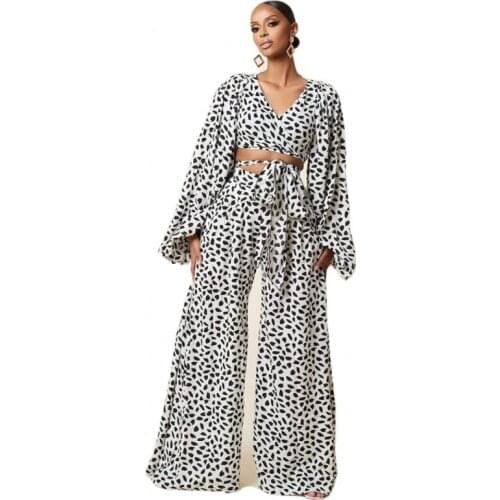 Two Piece Set Women Autumn Leopard Digital Print Lace Up Cardigan Lantern Sleeve Top Loose Wide Leg Pants Fashion 2 Piece Set