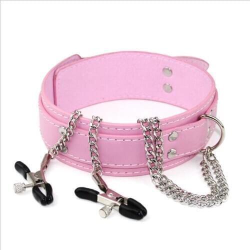 Leather Choker Collar With Nipple Breast Clamp Clip Chain Couple SM Sex Toys For Woman Sex Tools For Couples Adult Games S0243