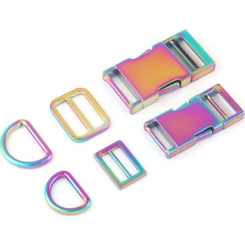20/25mm Rainbow Metal Adjuster Slide Release Buckle,D Ring Dog Collar Hardware Strap Buckle Purse Backpack Webbing Bag Supplies