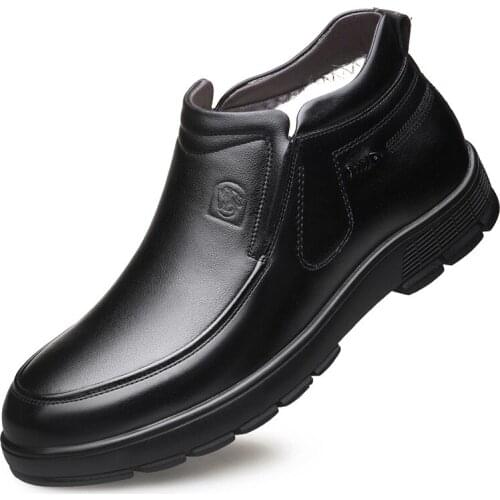 A82 Winter Mens Leisure Plush Cotton Leather Warm Cotton Leather Boots Middle-aged and Elderly Boots Non-slip Father Wool Boots