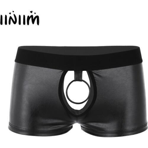 Iiniim Mens Lingerie Sissy Gay Panties Soft Faux Leather Cut Out Open Penis Boxer Shorts Bedtime Male Sexy Underwear with O-ring