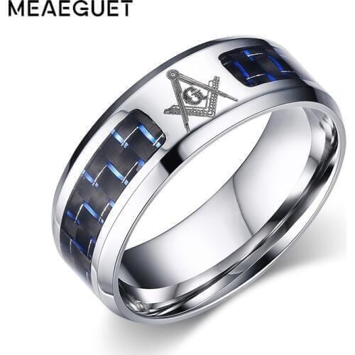 Meaeguet Cool Blue Carbon Fiber Inlay Masonic Rings For Men Stainless Steel Beveled Edge Wedding Ring Bands USA Size 4-12