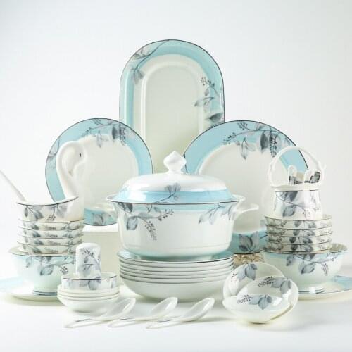 Bowl and Dish Set Household Jingdezhen Ceramic Bone China Tableware Suit European Entry Lux Style Bowl and Dish Set Combination