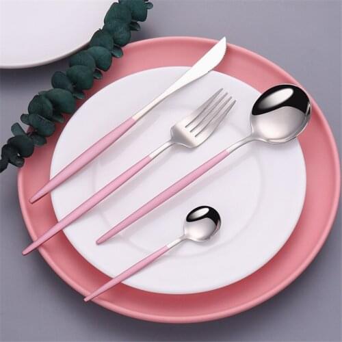 Pink Silver Stainless Steel Tableware Set Kitchen Utensil Set Reusable dinnerware Set Spoon Fork Knife Combination Set flatware