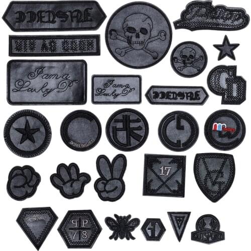PU Leather Iron on Patches Black Embroidery Leather Fabric Appliques Thermo Stickers Hole Darn Patch for Leather Jackets Pants