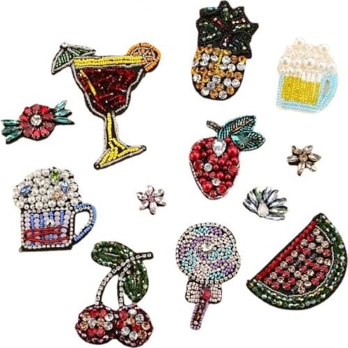 Handmade Rhinestone Beaded Patches Flower Fruits Drink Fashion Sew on Crystal Pearl Patch for Clothes Beaded Applique Cute Patch