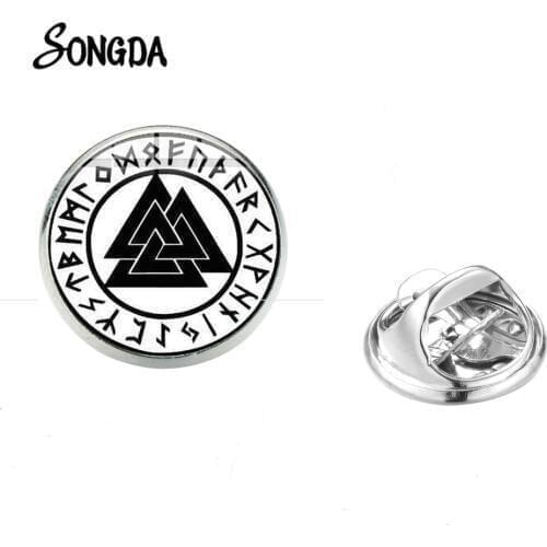 Norse Viking Valknut Talisman Lapel Pins Triangle Rune Pattern Stainless Steel Glass Round Brooches Silver Color Jewelry