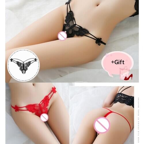 New Sexy Bikini Panties Butterfly Lace Underwear Pearl Chain Couple Flirt G-String Panties Body Jewelry For Women Bikini Panties