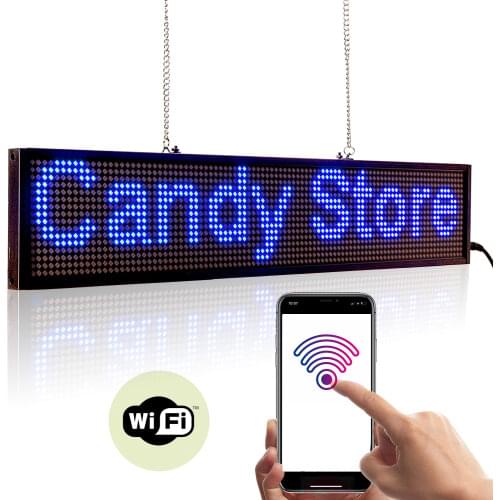 LED Sign Blue Text 50CM WiFi RGB Programmable Message Led Display Panel P5MM 16*96 Pixel Adjustable Brightness Advertising Signs