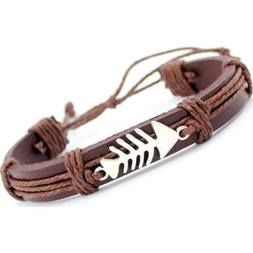 Fish Bone Dogs Paw Turtle Tortoise Scissors Skull Crown Arrow Mask Dragon Charm Brown Wax Leather Bracelets Women Men Jewelry