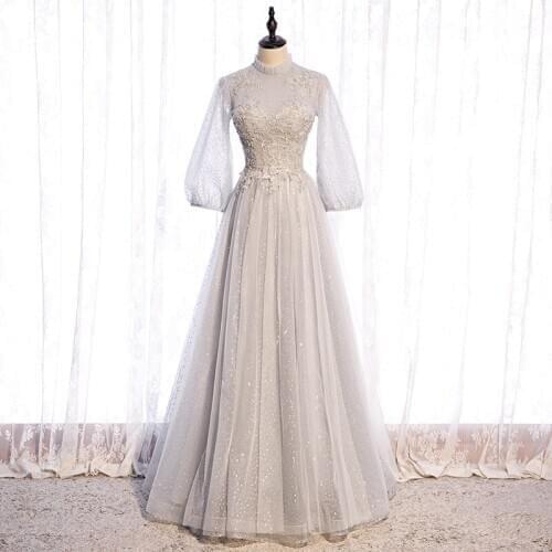 Gray Temperament Evening Party Dress Elegant A-line Banquet Dress Embroidery Hostess Dress Fairy Maxi Mesh Dress Retro Prom Gown