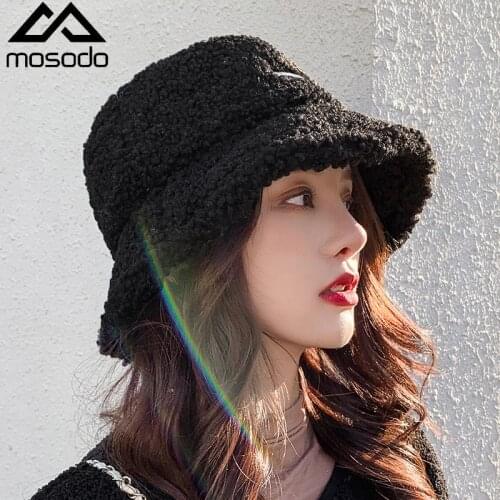 Mosodo Lamb Wool Fisherman Hat Winter Womens Bucket Hat Versatile Embroidered Letter Fluffy Basin Cap